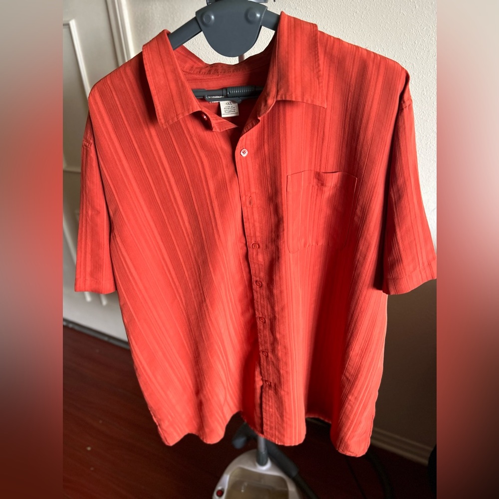 4XL Islands Passport orange short sleeve button down with front pocket.
